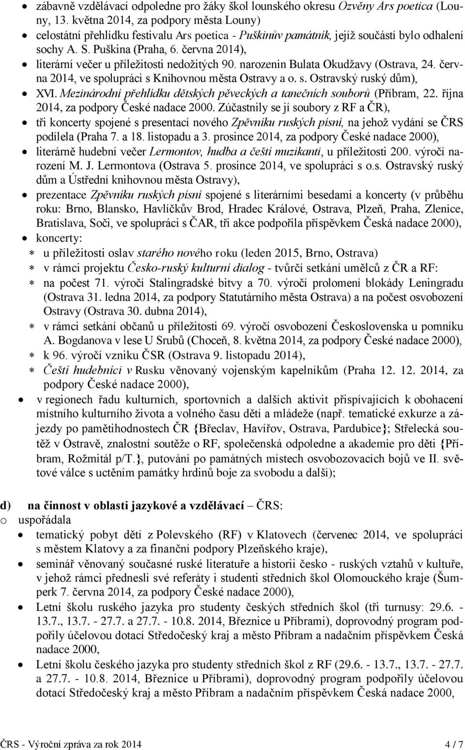 června 2014), literární večer u příležitosti nedožitých 90. narozenin Bulata Okudžavy (Ostrava, 24. června 2014, ve spolupráci s Knihovnou města Ostravy a o. s. Ostravský ruský dům), XVI.