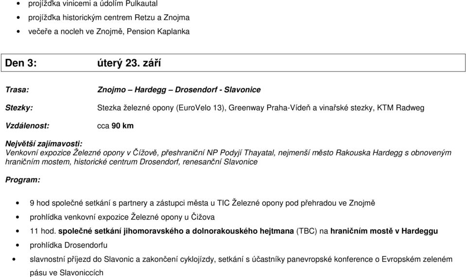 expozice Železné opony v Čížově, přeshraniční NP Podyjí Thayatal, nejmenší město Rakouska Hardegg s obnoveným hraničním mostem, historické centrum Drosendorf, renesanční Slavonice 9 hod společné