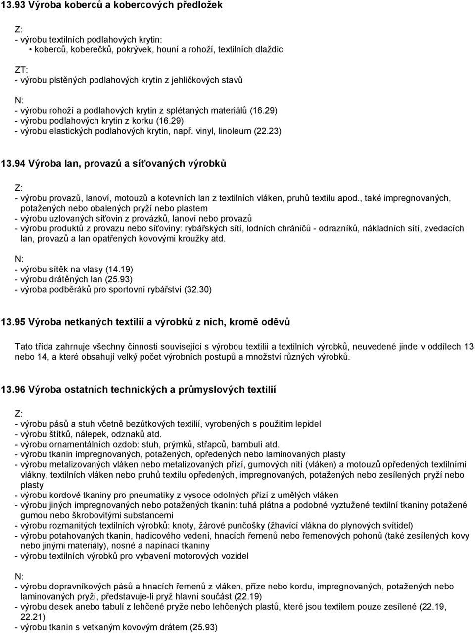 23) 13.94 Výroba lan, provazů a síťovaných výrobků - výrobu provazů, lanoví, motouzů a kotevních lan z textilních vláken, pruhů textilu apod.