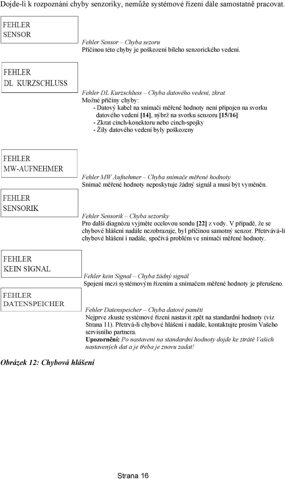 cinch-konektoru nebo cinch-spojky - Žíly datového vedení byly poškozeny Fehler MW Aufnehmer Chyba snímače měřené hodnoty Snímač měřené hodnoty neposkytuje žádný signál a musí být vyměněn.