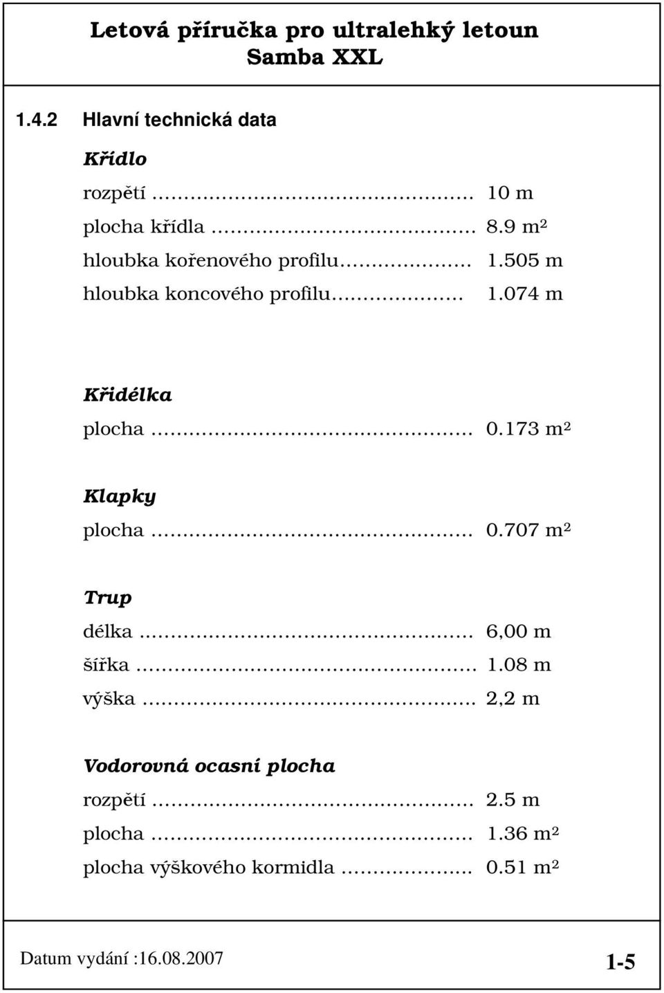 074 m Křidélka plocha 0.173 m 2 Klapky plocha 0.707 m 2 Trup délka.. 6,00 m šířka 1.