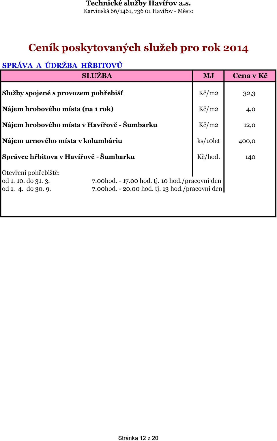 ks/10let 400,0 Správce hřbitova v Havířově - Šumbarku Kč/hod. 140 Otevření pohřebiště: od 1. 10. do 31. 3. od 1. 4. do 30.