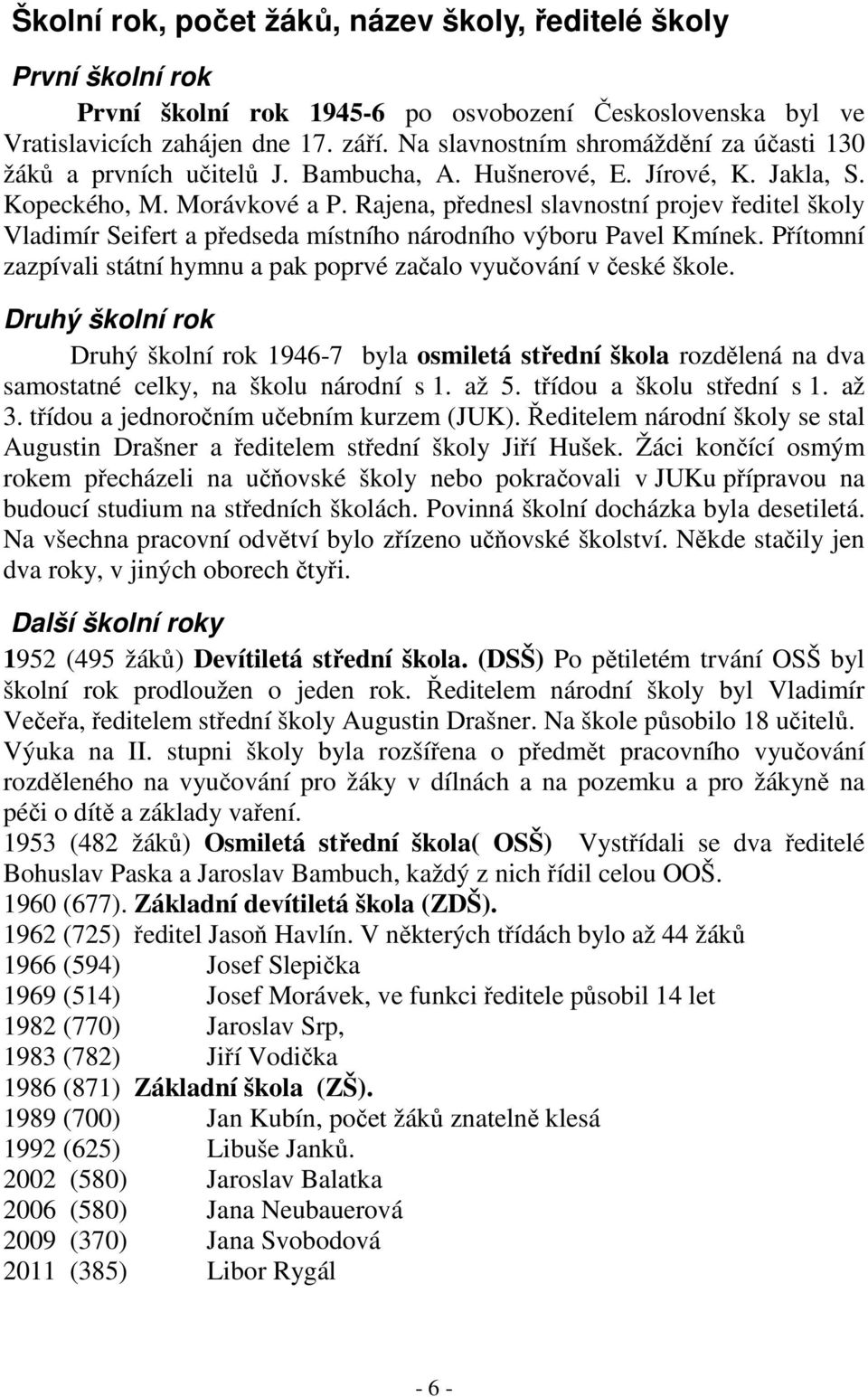 Rajena, přednesl slavnostní projev ředitel školy Vladimír Seifert a předseda místního národního výboru Pavel Kmínek. Přítomní zazpívali státní hymnu a pak poprvé začalo vyučování v české škole.