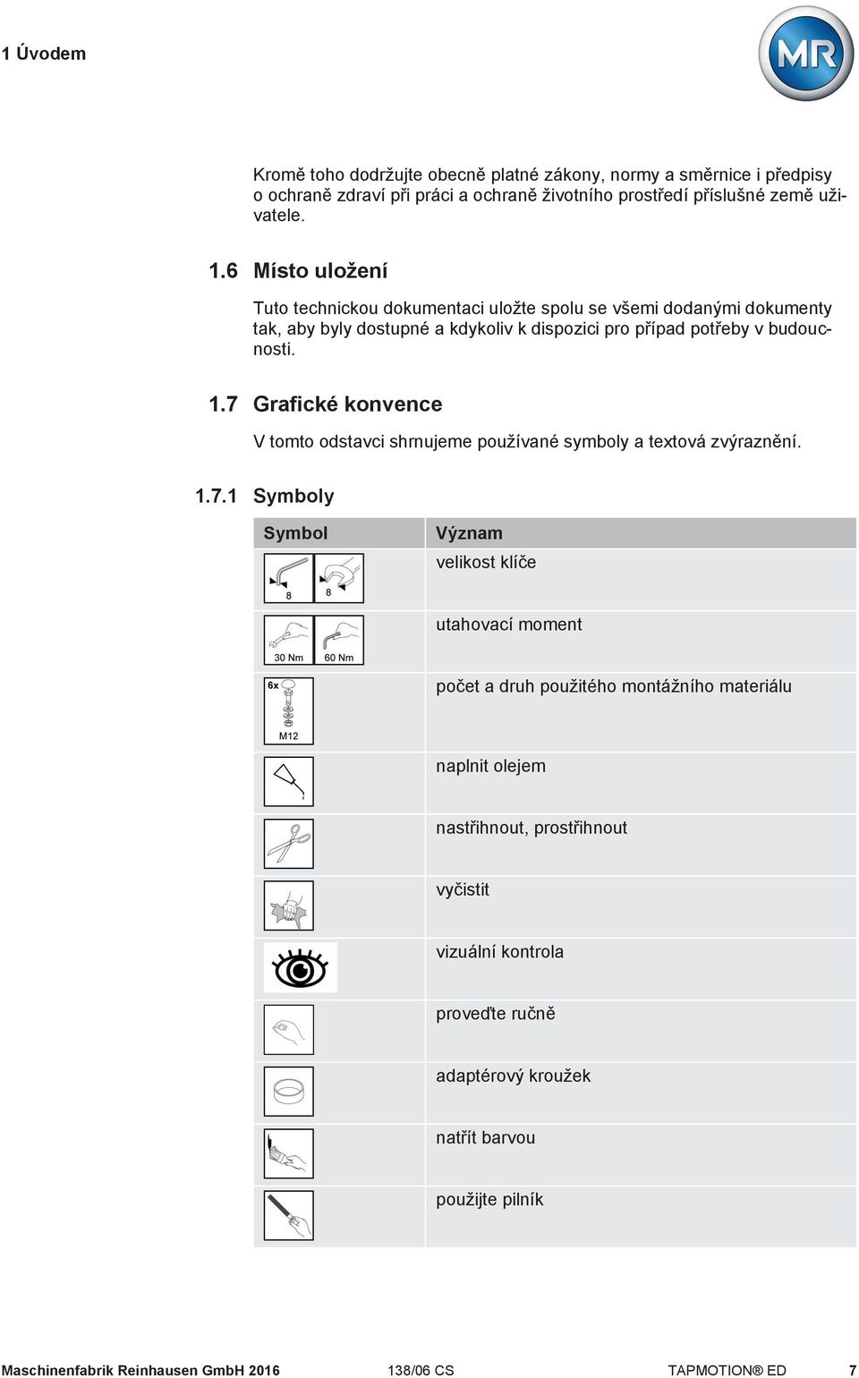 7 Grafické konvence V tomto odstavci shrnujeme používané symboly a textová zvýraznění. 1.7.1 Symboly Symbol Význam velikost klíče utahovací moment počet a druh použitého