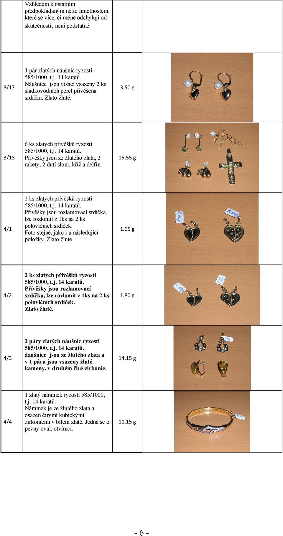 50 g 3/18 6 ks zlatých přívěšků ryzosti Přívěšky jsou ze žlutého zlata, 2 rakety, 2 dutí sloni, kříž a delfín. 15.