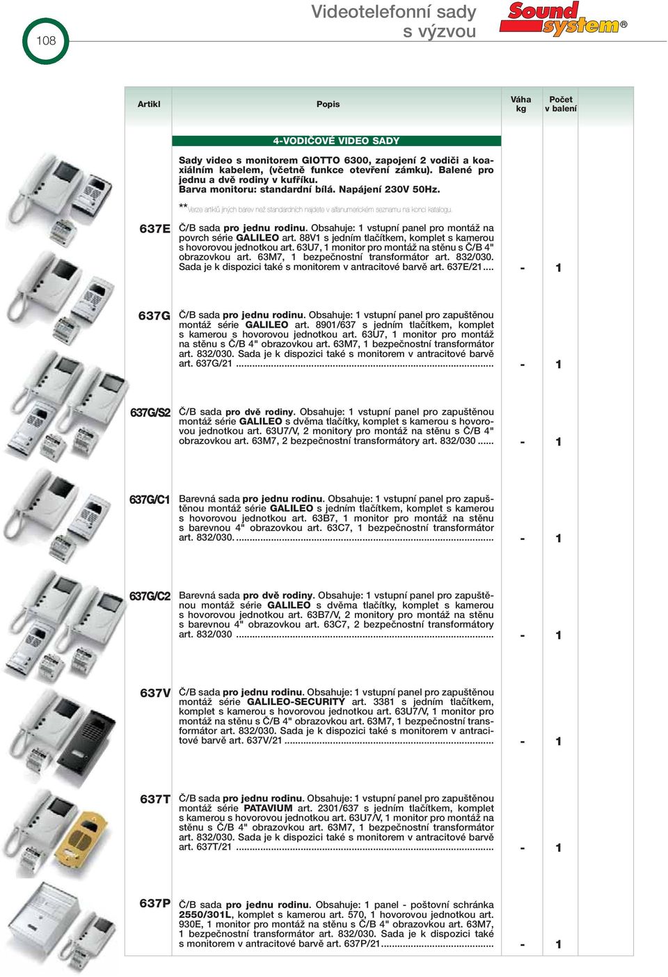 637 â/ sada pro jednu rodinu. Obsahuje: 1 vstupní panel pro montáï na povrch série GLILO art. 88V1 s jedním tlaãítkem, komplet s kamerou s hovorovou jednotkou art.