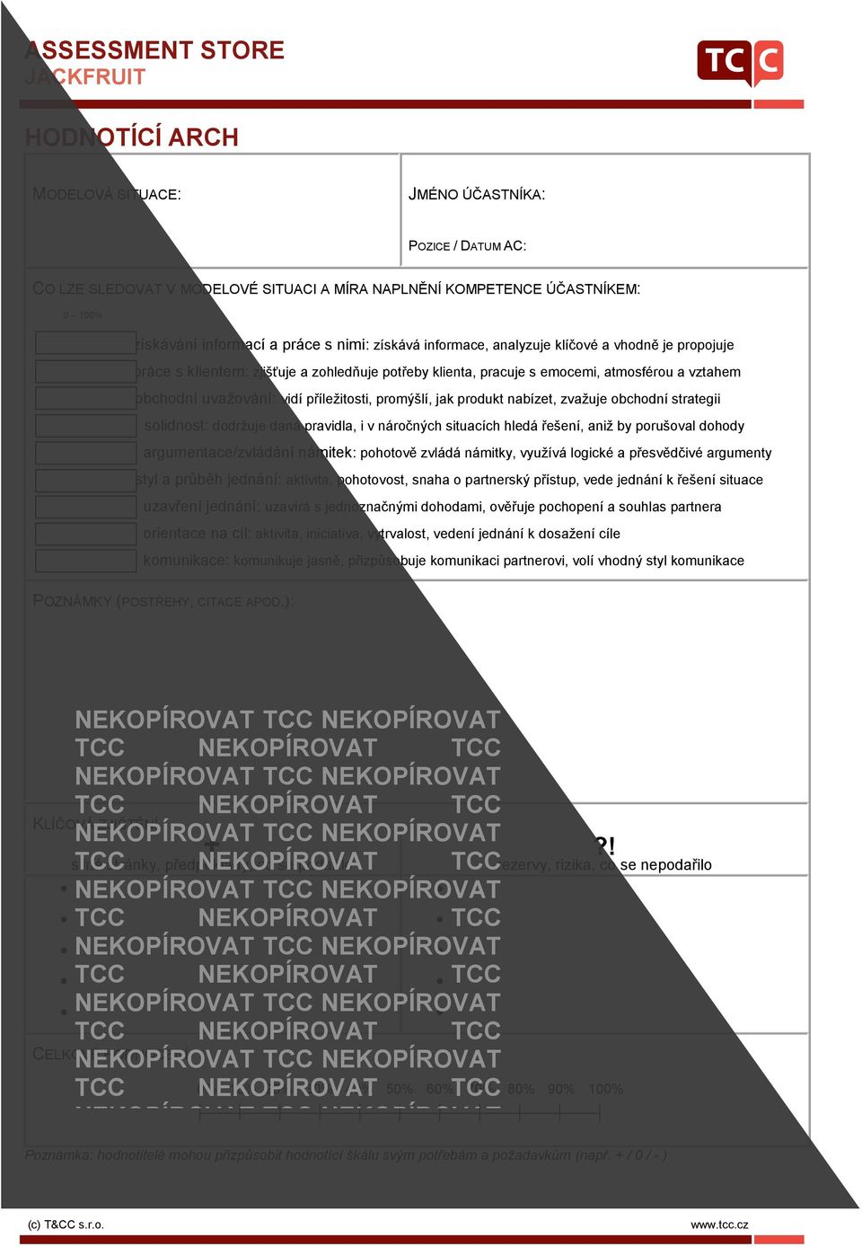 jak produkt nabízet, zvažuje obchodní strategii solidnost: dodržuje daná pravidla, i v náročných situacích hledá řešení, aniž by porušoval dohody argumentace/zvládání námitek: pohotově zvládá