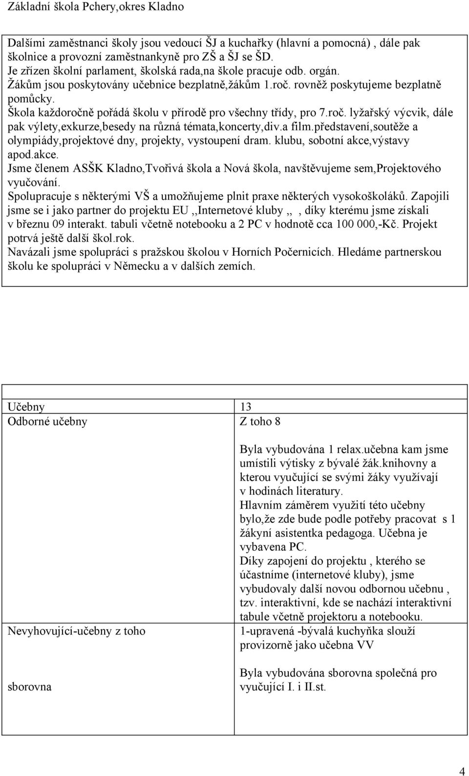 a film.představení,soutěže a olympiády,projektové dny, projekty, vystoupení dram. klubu, sobotní akce,výstavy apod.akce. Jsme členem ASŠK Kladno,Tvořivá škola a Nová škola, navštěvujeme sem,projektového vyučování.