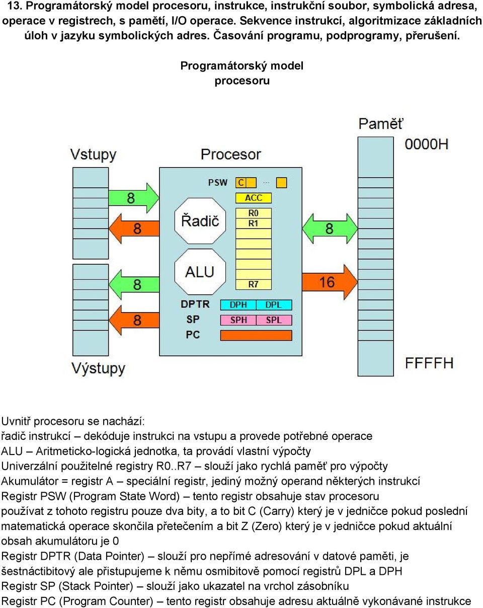 Programátorský model procesoru Uvnitř procesoru se nachází: řadič instrukcí dekóduje instrukci na vstupu a provede potřebné operace ALU Aritmeticko-logická jednotka, ta provádí vlastní výpočty