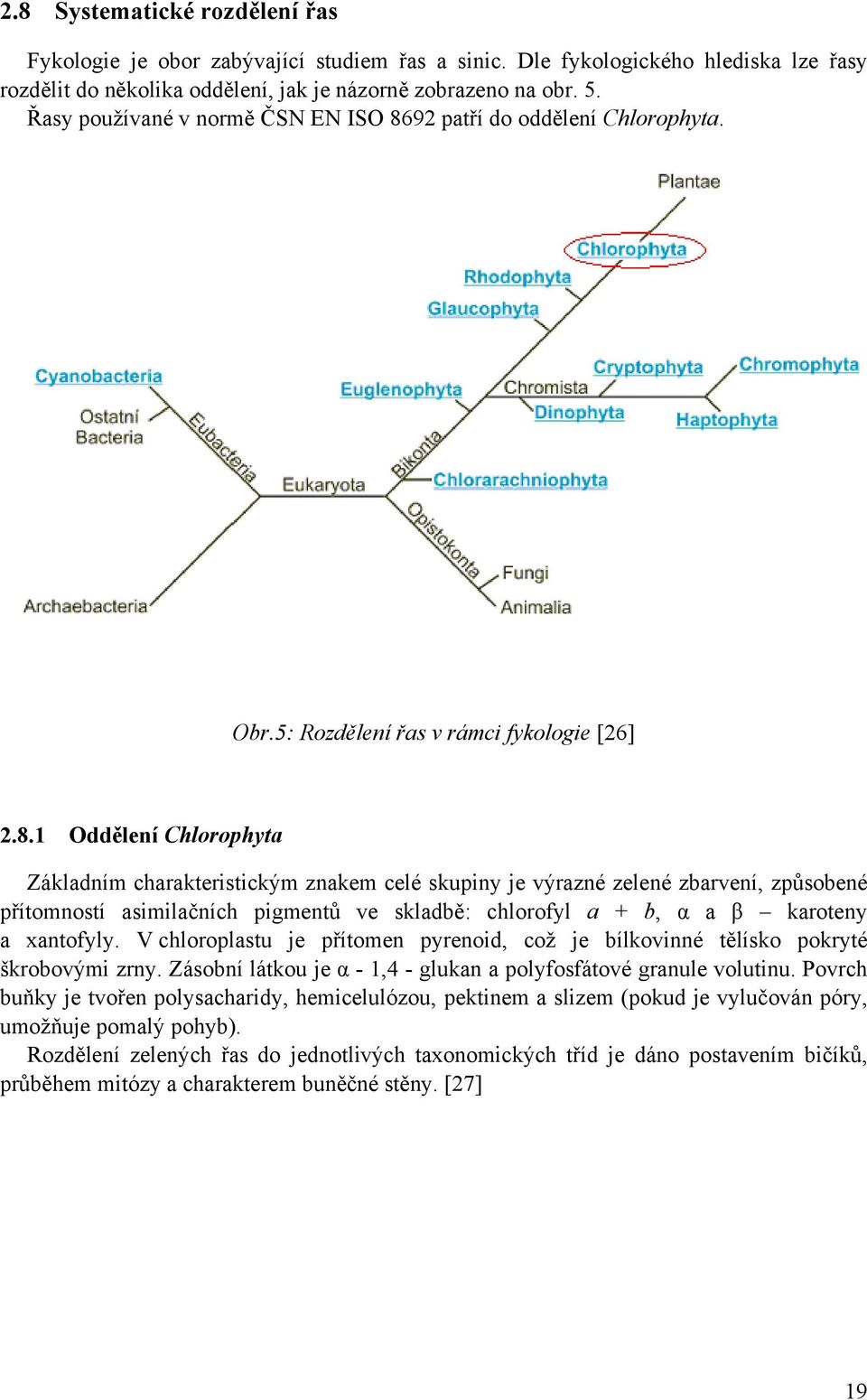 92 patří do oddělení Chlorophyta. Obr.5: Rozdělení řas v rámci fykologie [26] 2.8.