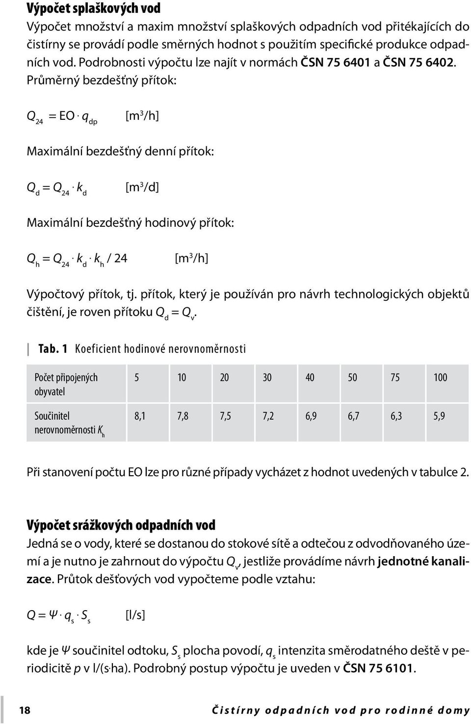 k d [m 3 /d] Maximální bezdešťný hodinový přítok: Q h = Q 24. k d. k h / 24 [m 3 /h] Výpočtový přítok, tj.