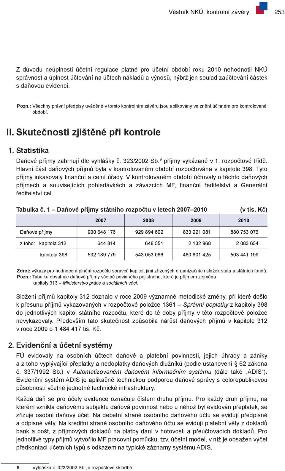 Skutečnosti zjištěné při kontrole 1. Statistika Daňové příjmy zahrnují dle vyhlášky č. 323/2002 Sb. 9 příjmy vykázané v 1. rozpočtové třídě.