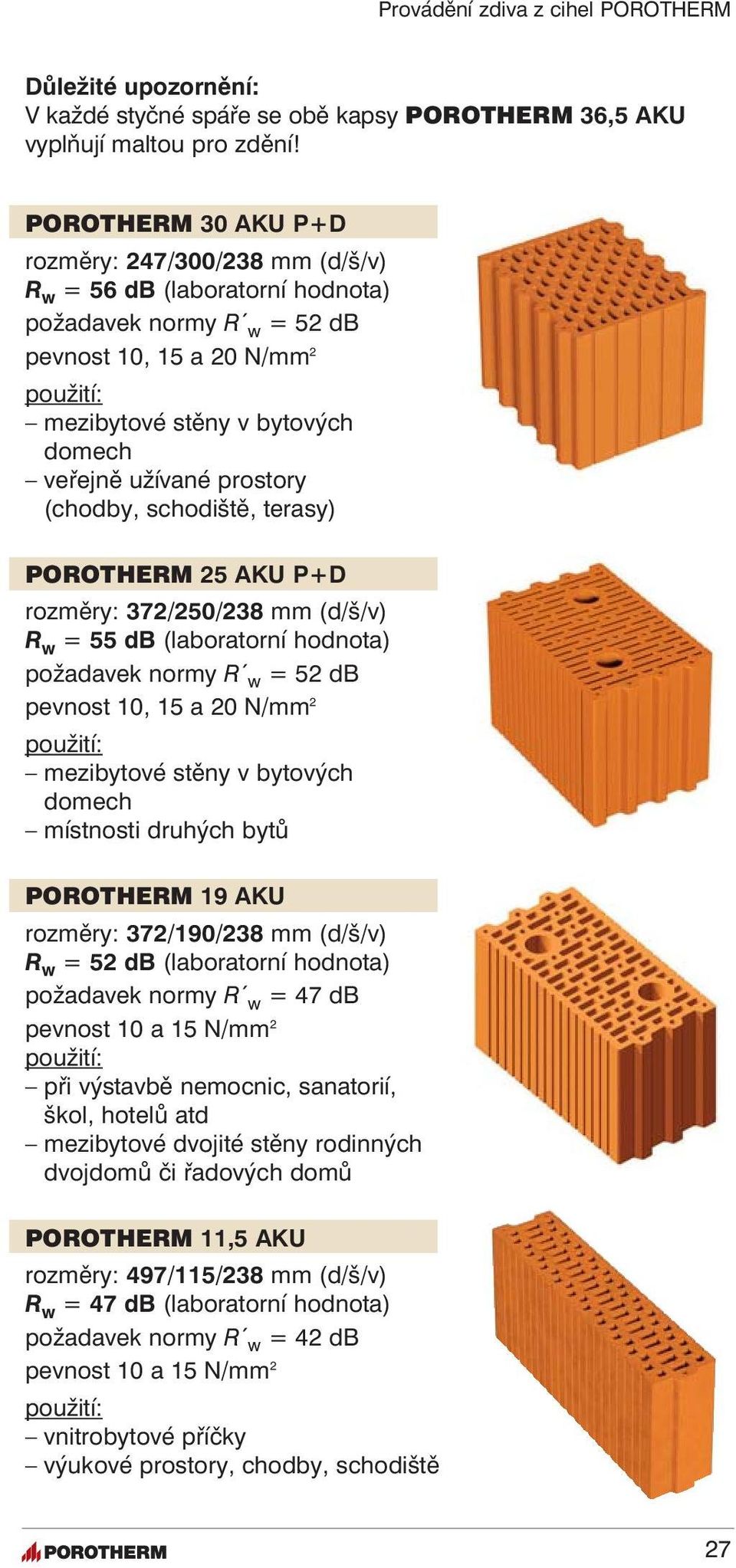 užívané prostory (chodby, schodiště, terasy) POROTHERM 25 AKU P+D rozměry: 372/250/238 mm (d/š/v) R w = 55 db (laboratorní hodnota) požadavek normy R w = 52 db pevnost 10, 15 a 20 N/mm 2 použití: