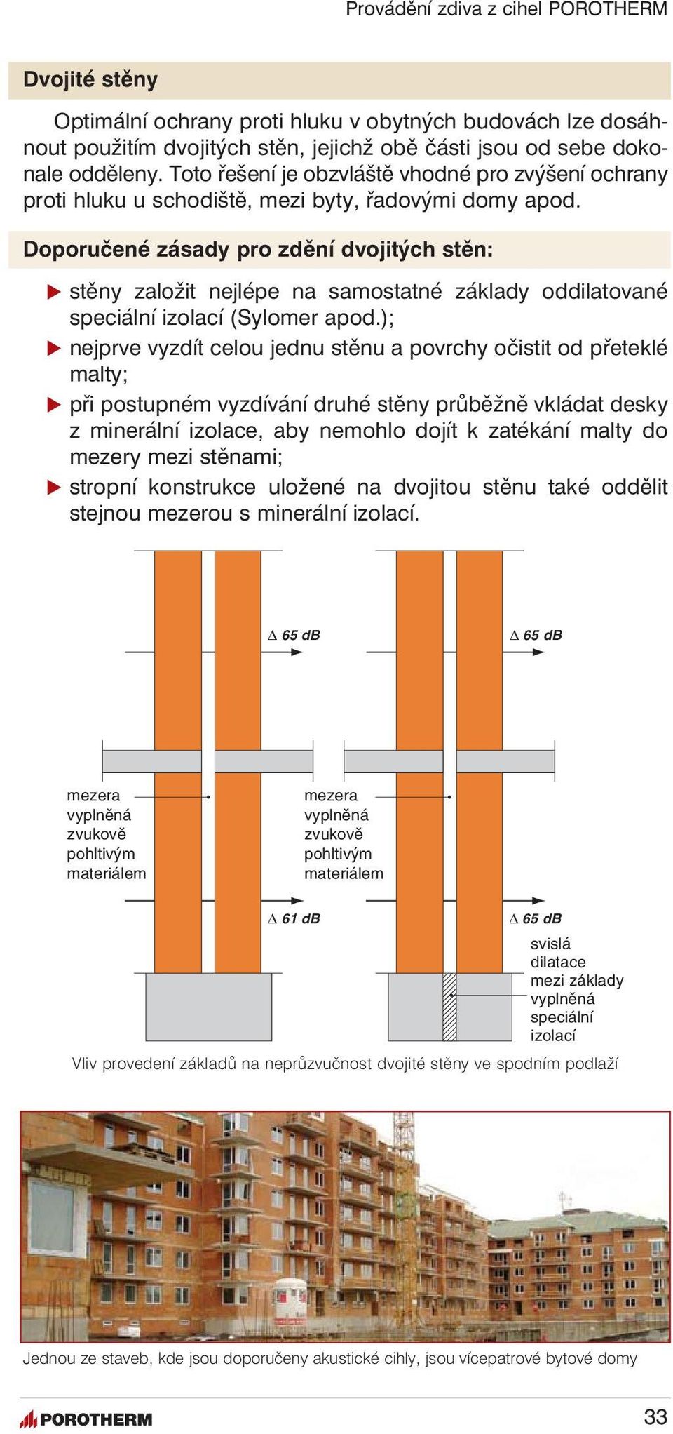 Doporučené zásady pro zdění dvojitých stěn: stěny založit nejlépe na samostatné základy oddilatované speciální izolací (Sylomer apod.