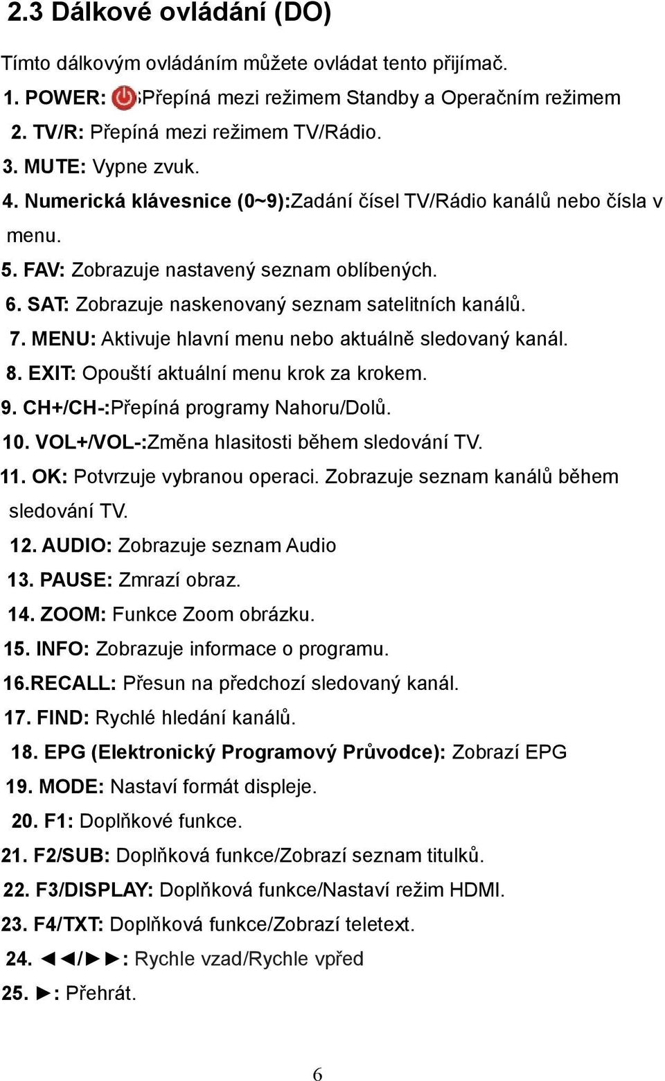 7. MENU: Aktivuje hlavní menu nebo aktuálně sledovaný kanál. 8. EXIT: Opouští aktuální menu krok za krokem. 9. CH+/CH-:Přepíná programy Nahoru/Dolů. 10. VOL+/VOL-:Změna hlasitosti během sledování TV.