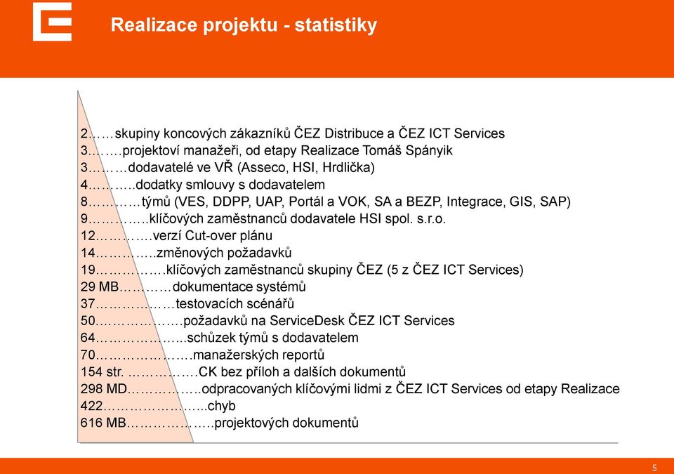 .dodatky smlouvy s dodavatelem 8 týmů (VES, DDPP, UAP, Portál a VOK, SA a BEZP, Integrace, GIS, SAP) 9..klíčových zaměstnanců dodavatele HSI spol. s.r.o. 12.verzí Cut-over plánu 14.