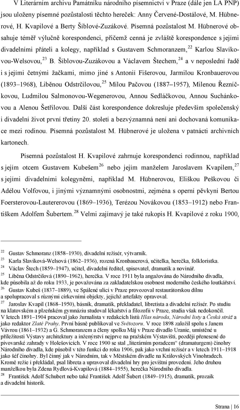 Hübnerové obsahuje téměř výlučně korespondenci, přičemž cenná je zvláště korespondence s jejími divadelními přáteli a kolegy, například s Gustavem Schmoranzem, 22 Karlou Slavíkovou-Welsovou, 23 B.