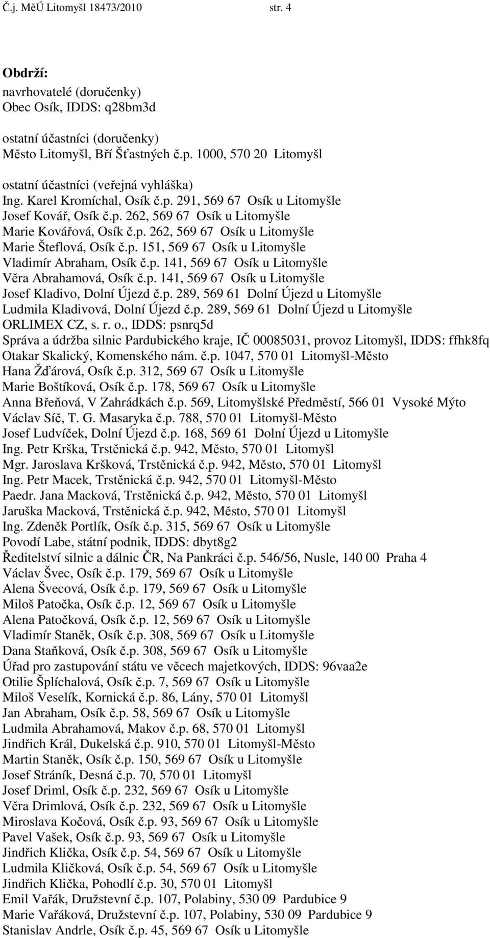 p. 151, 569 67 Osík u Litomyšle Vladimír Abraham, Osík č.p. 141, 569 67 Osík u Litomyšle Věra Abrahamová, Osík č.p. 141, 569 67 Osík u Litomyšle Josef Kladivo, Dolní Újezd č.p. 289, 569 61 Dolní Újezd u Litomyšle Ludmila Kladivová, Dolní Újezd č.