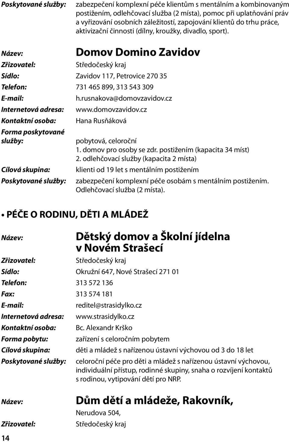 rusnakova@domovzavidov.cz Internetová adresa: www.domovzavidov.cz Kontaktní osoba: Hana Rusňáková Cílová skupina: Poskytované pobytová, celoroční 1. domov pro osoby se zdr.