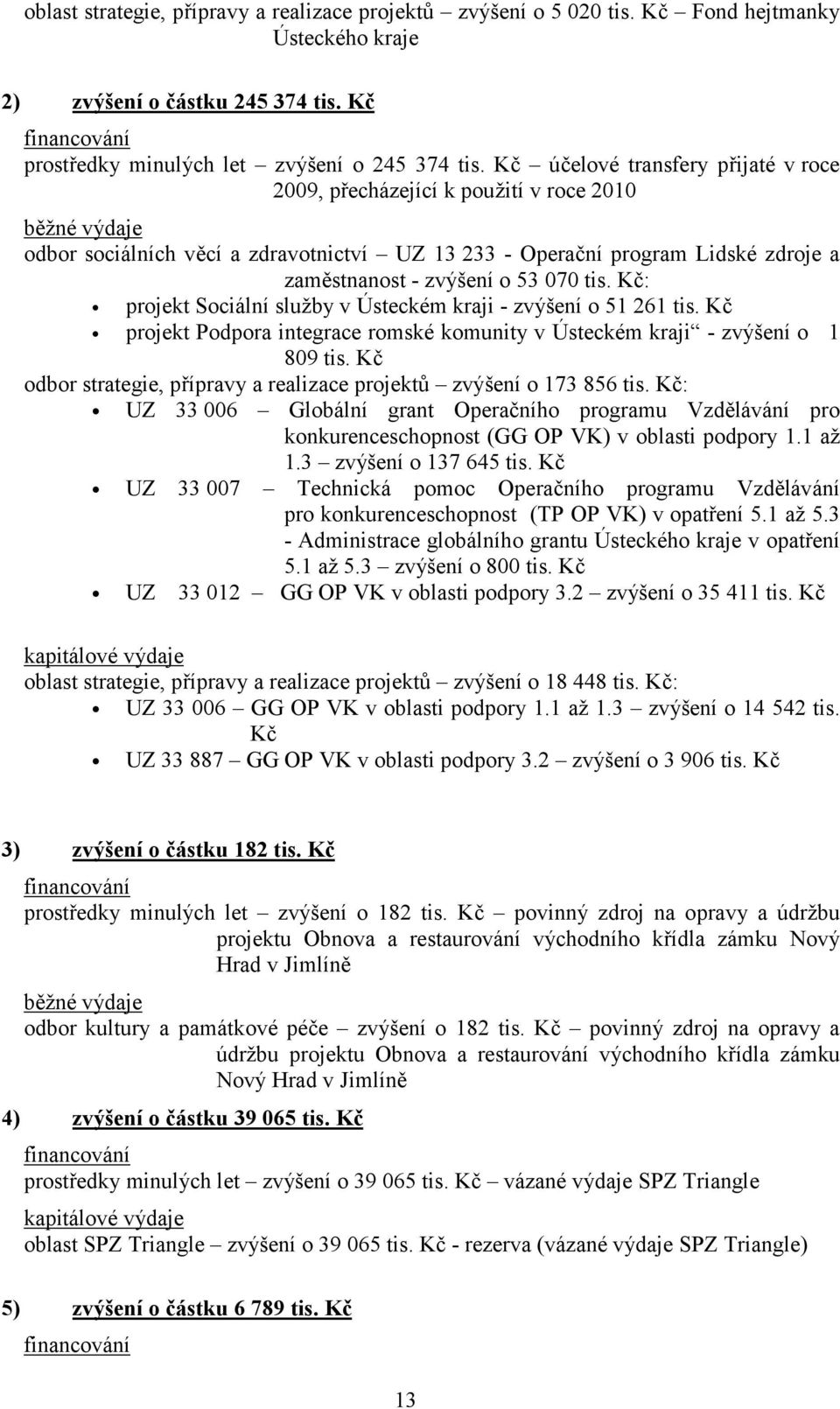 53 070 tis. Kč: projekt Sociální služby v Ústeckém kraji - zvýšení o 51 261 tis. Kč projekt Podpora integrace romské komunity v Ústeckém kraji - zvýšení o 1 809 tis.