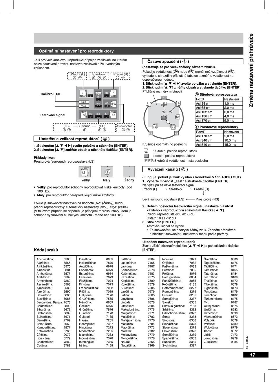 0 m s 0.0 d B 0 d B 0 d B 0 R SW RS Surround (RS) Subwoofer Umístění a velikost reproduktorů ( A ) 1. Stisknutím [ ] zvolte položku a stiskněte [ENTER]. 2.