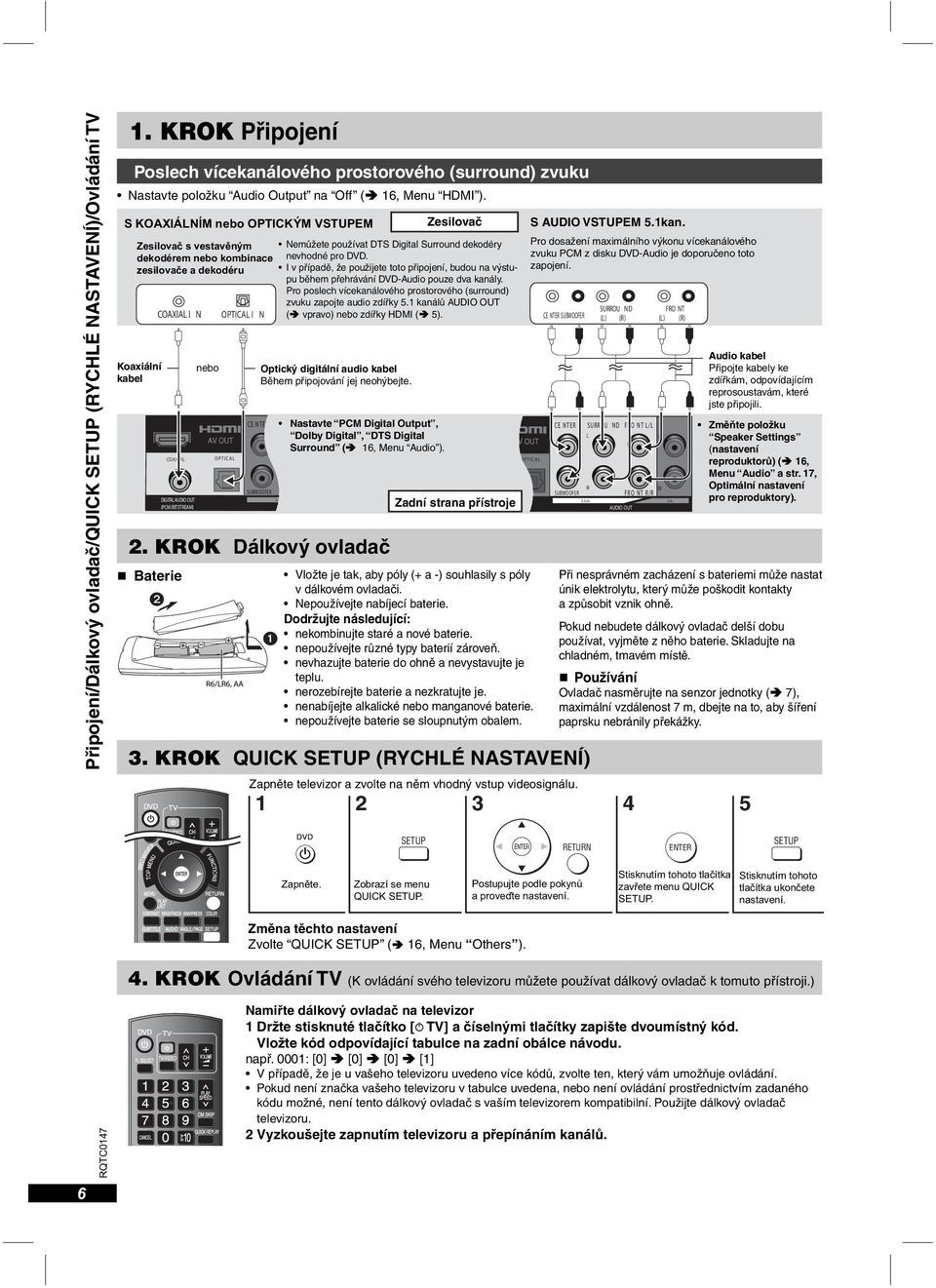 CE NTER SUBWOOFER 5.1 Zesilovač Nemůžete používat DTS Digital Surround dekodéry nevhodné pro DVD.