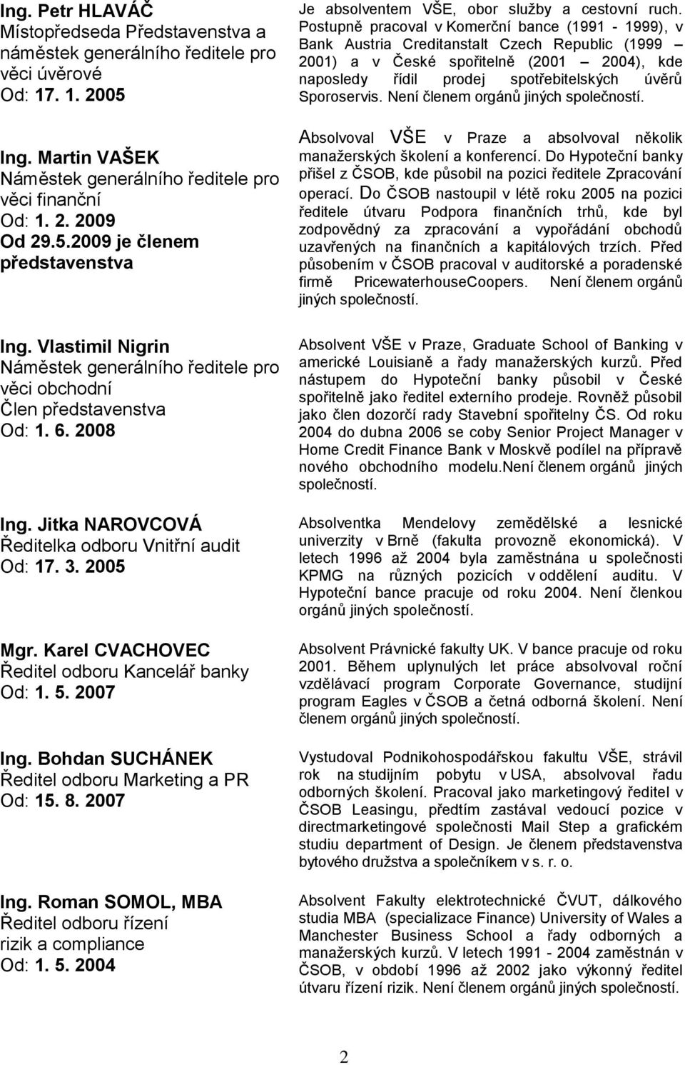 Karel CVACHOVEC Ředitel odboru Kancelář banky Od: 1. 5. 2007 Ing. Bohdan SUCHÁNEK Ředitel odboru Marketing a PR Od: 15. 8. 2007 Ing. Roman SOMOL, MBA Ředitel odboru řízení rizik a compliance Od: 1. 5. 2004 Je absolventem VŠE, obor sluţby a cestovní ruch.