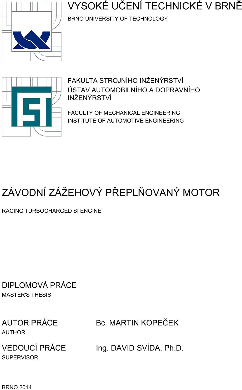 ENGINEERING ZÁVODNÍ ZÁŽEHOVÝ PŘEPLŇOVANÝ MOTOR RACING TURBOCHARGED SI ENGINE DIPLOMOVÁ PRÁCE