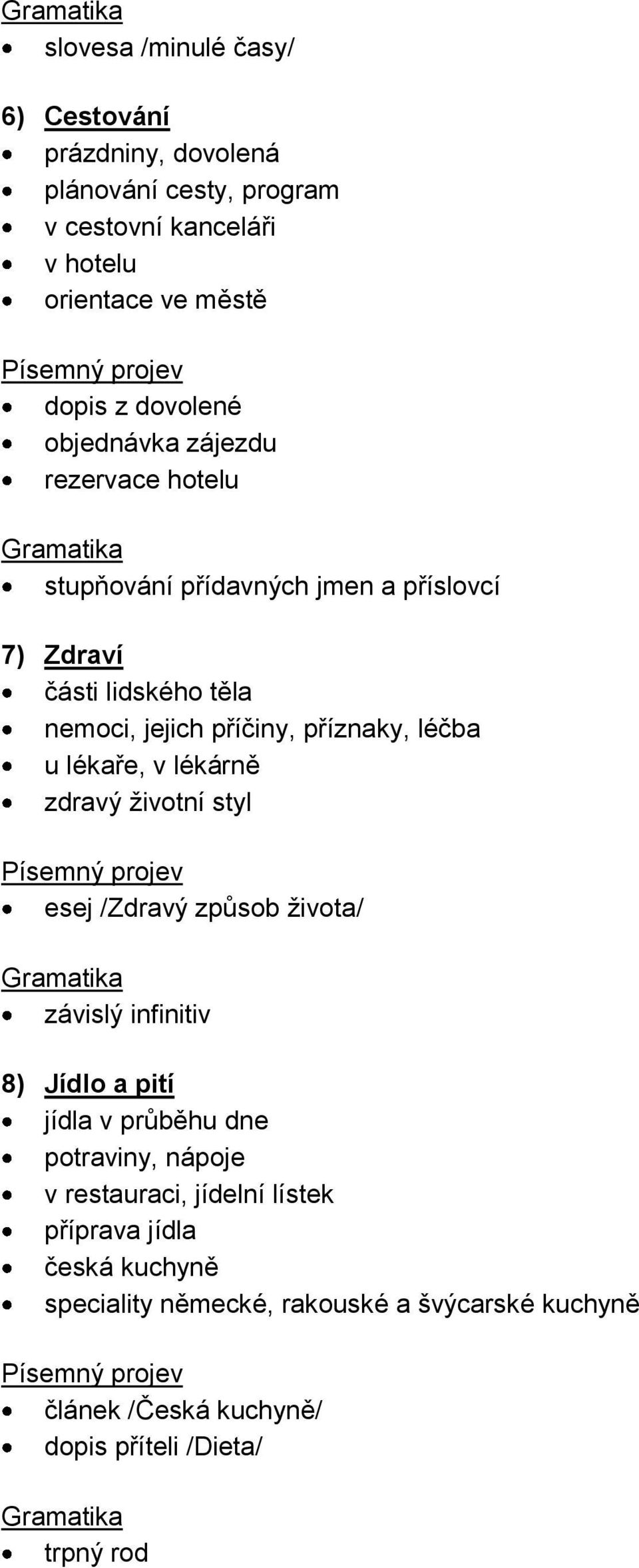 lékaře, v lékárně zdravý životní styl esej /Zdravý způsob života/ závislý infinitiv 8) Jídlo a pití jídla v průběhu dne potraviny, nápoje v