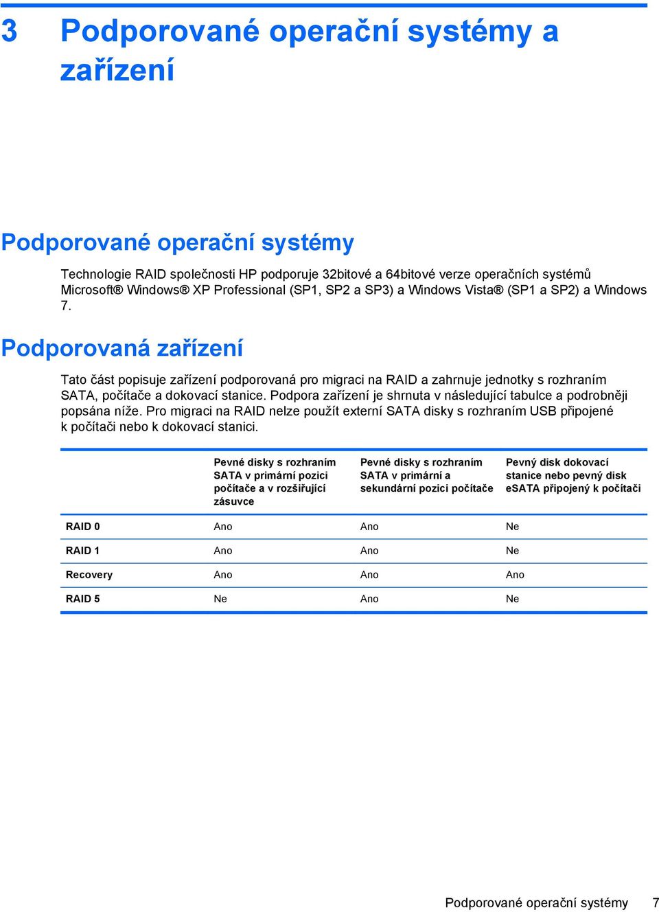 Podpora zařízení je shrnuta v následující tabulce a podrobněji popsána níže. Pro migraci na RAID nelze použít externí SATA disky s rozhraním USB připojené k počítači nebo k dokovací stanici.