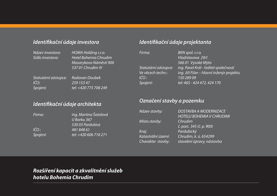 a: Sídlo investora: HOMA Holding s.r.o. Hotel Bohemia Chrudim Masarykovo Náměstí 900 537 01 Chrudim IV Statutární zástupce: Radovan Doubek IČO: 259 153 47 Spojení: tel: +420 775 708 249 Identifikační údaje architekta Firma: ing.
