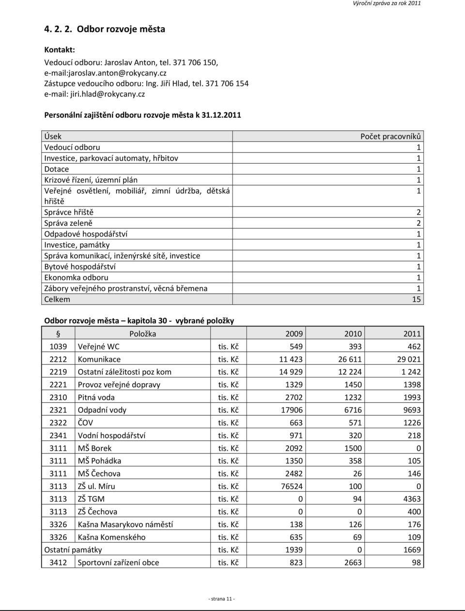 2011 Úsek Počet pracovníků Vedoucí odboru 1 Investice, parkovací automaty, hřbitov 1 Dotace 1 Krizové řízení, územní plán 1 Veřejné osvětlení, mobiliář, zimní údržba, dětská 1 hřiště Správce hřiště 2