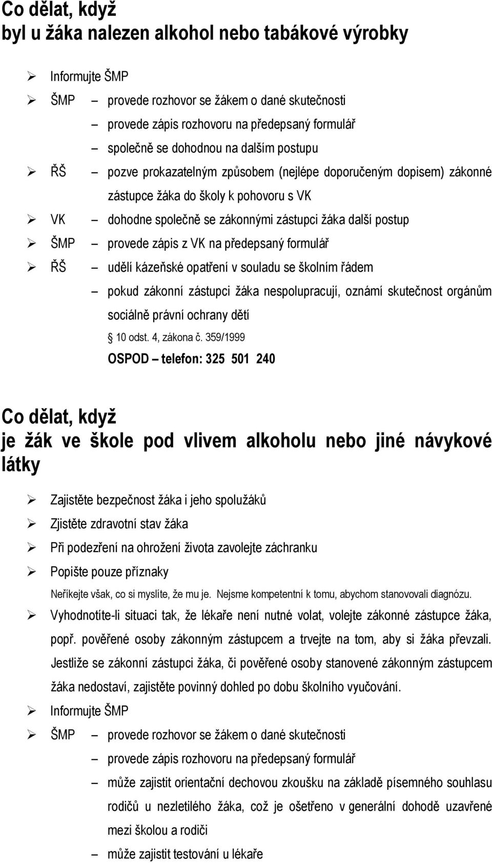 zápis z VK na předepsaný formulář ŘŠ udělí kázeňské opatření v souladu se školním řádem pokud zákonní zástupci žáka nespolupracují, oznámí skutečnost orgánům sociálně právní ochrany dětí 10 odst.