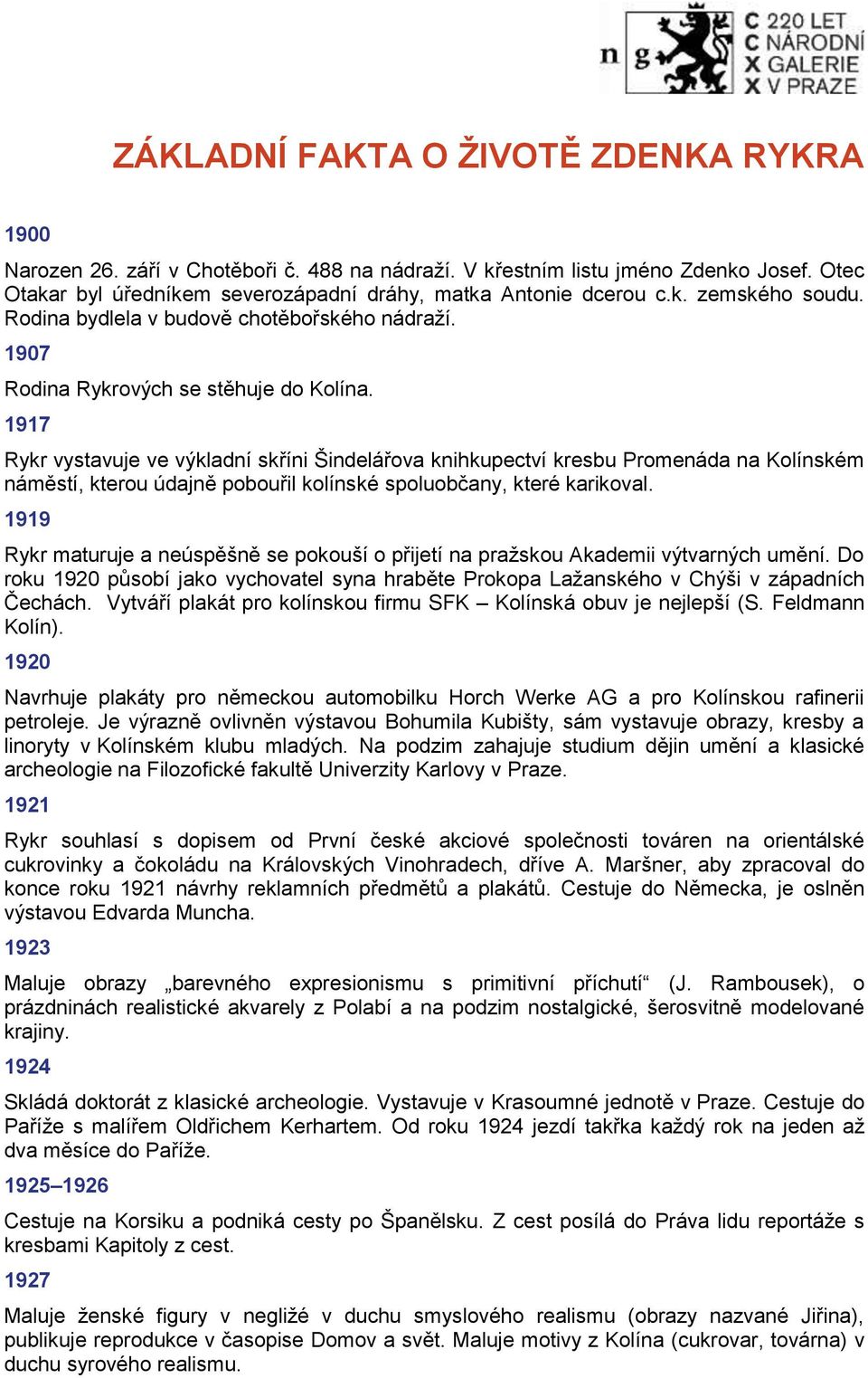 1917 Rykr vystavuje ve výkladní skříni Šindelářova knihkupectví kresbu Promenáda na Kolínském náměstí, kterou údajně pobouřil kolínské spoluobčany, které karikoval.