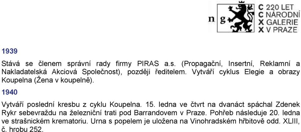 ledna ve čtvrt na dvanáct spáchal Zdenek Rykr sebevraždu na železniční trati pod Barrandovem v Praze.