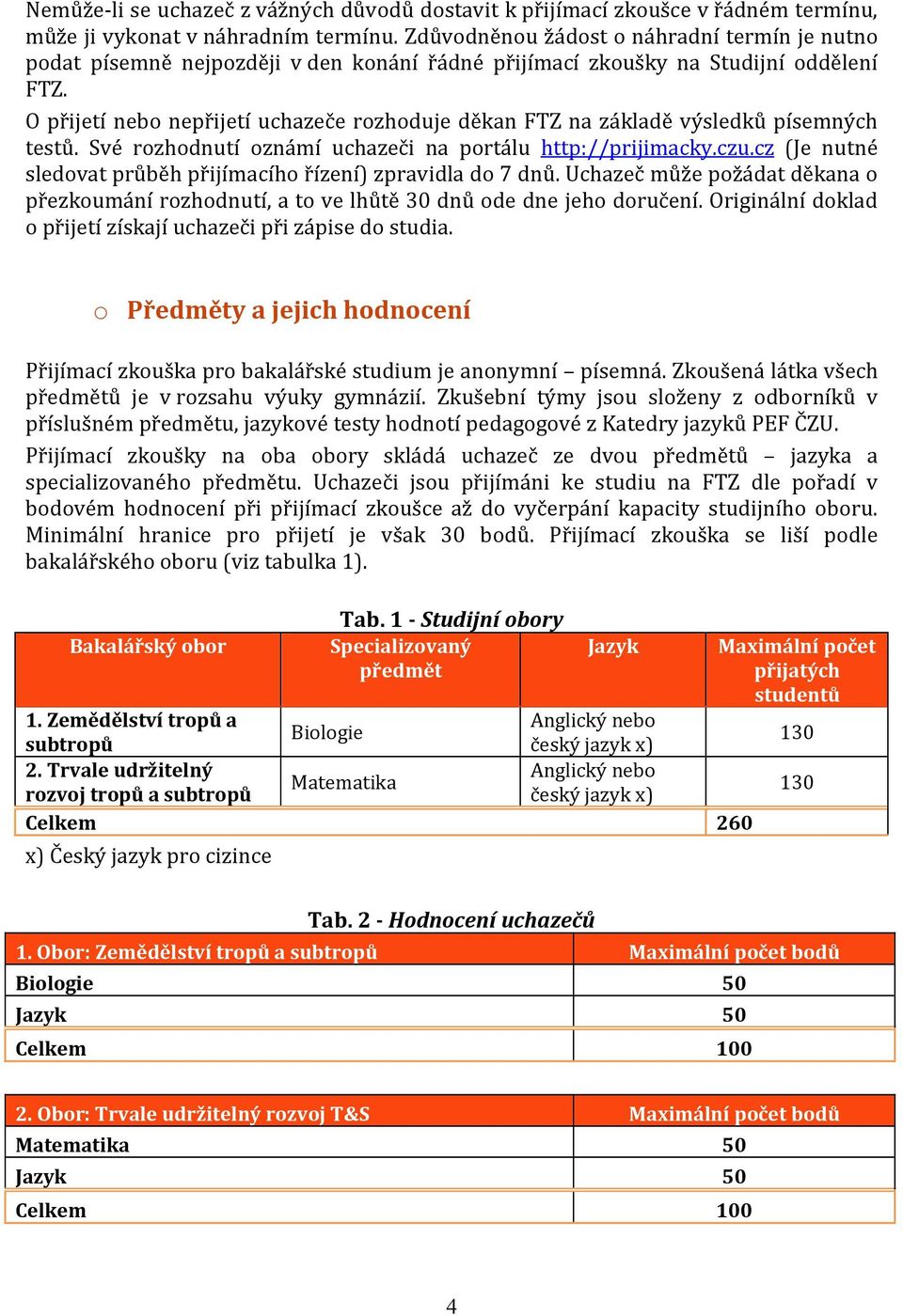 O přijetí nebo nepřijetí uchazeče rozhoduje děkan FTZ na základě výsledků písemných testů. Své rozhodnutí oznámí uchazeči na portálu http://prijimacky.czu.