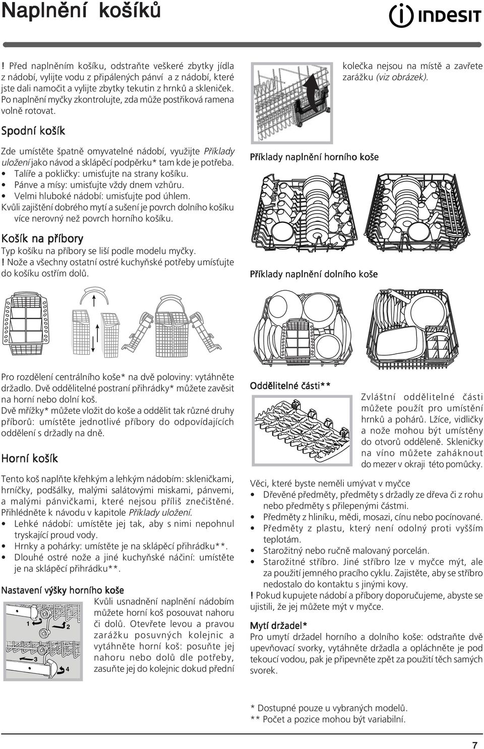 Spodní košík Zde umístěte špatně omyvatelné nádobí, využijte Příklady uložení jako návod a sklápěcí podpěrku* tam kde je potřeba. Talíře a pokličky: umisťujte na strany košíku.