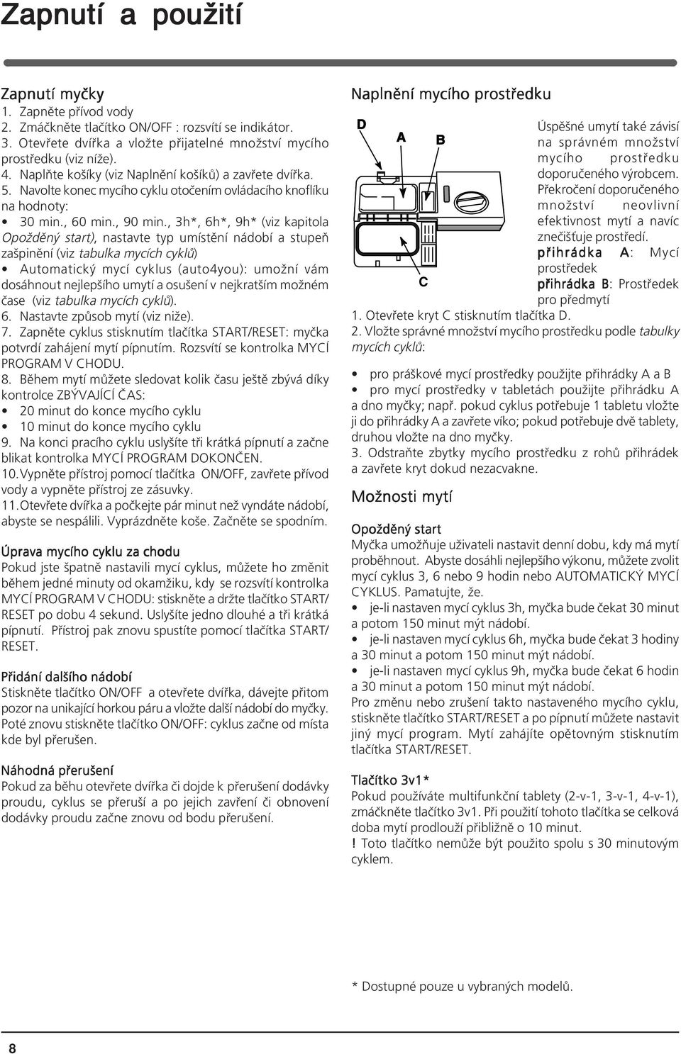 , 3h*, 6h*, 9h* (viz kapitola Opožděný start), nastavte typ umístění nádobí a stupeň zašpinění (viz tabulka mycích cyklů) Automatický mycí cyklus (auto4you): umožní vám dosáhnout nejlepšího umytí a