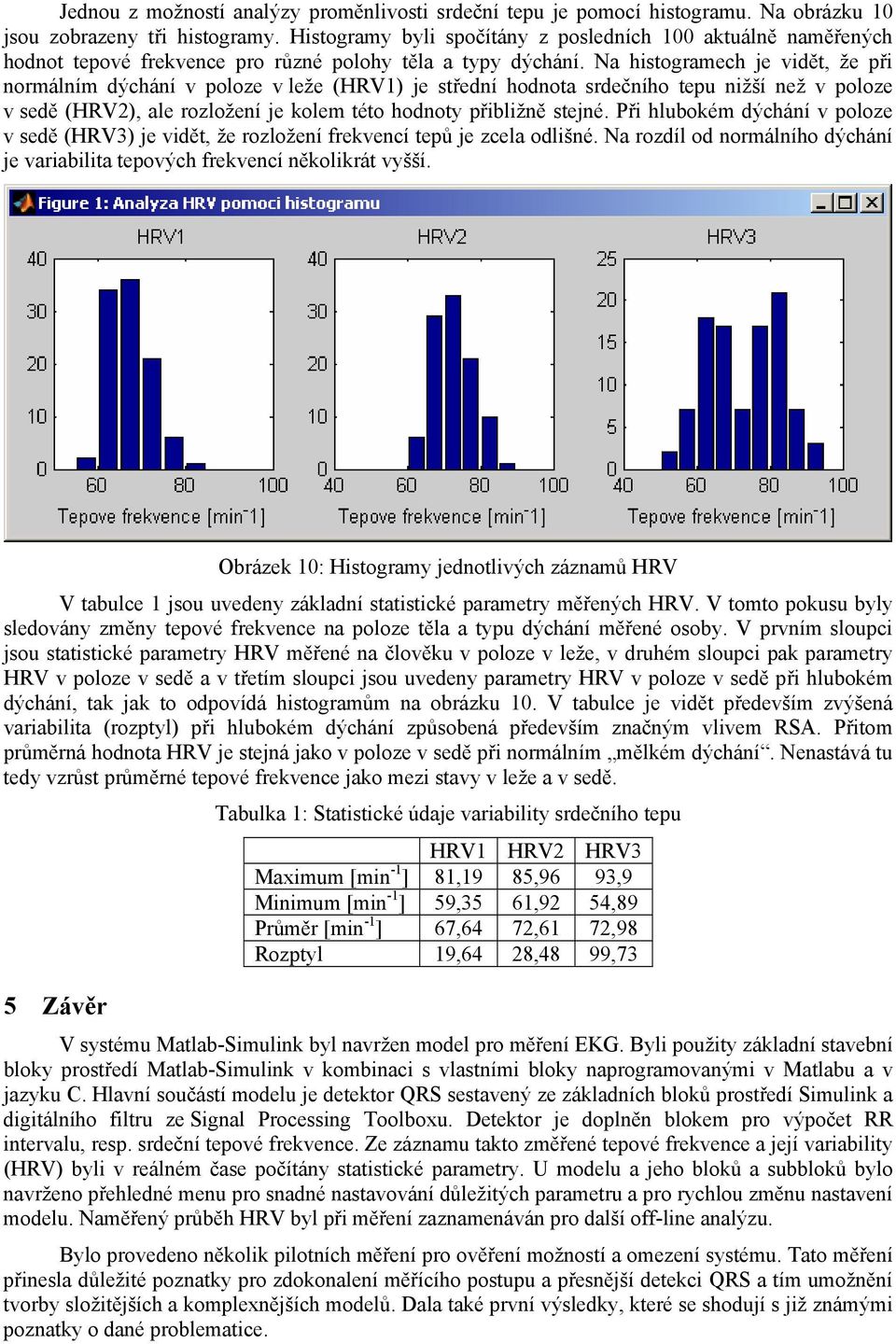 Na histogramech je vidět, že při normálním dýchání v poloze v leže (HRV1) je střední hodnota srdečního tepu nižší než v poloze v sedě (HRV2), ale rozložení je kolem této hodnoty přibližně stejné.