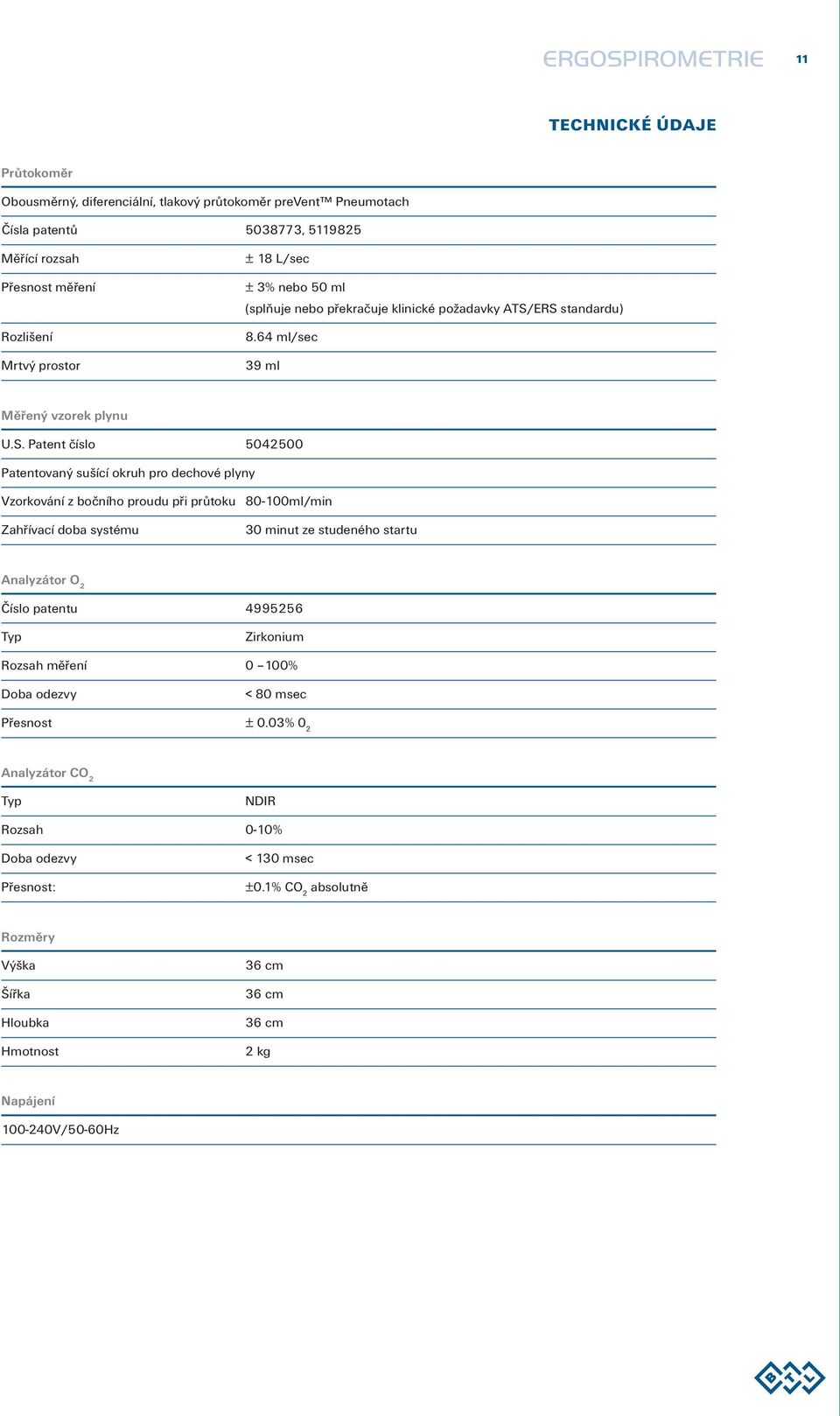 ERS standardu) 8.64 ml/sec 39 ml Měřený vzorek plynu U.S. Patent číslo 5042500 Patentovaný sušící okruh pro dechové plyny Vzorkování z bočního proudu při průtoku 80-100ml/min Zahřívací doba