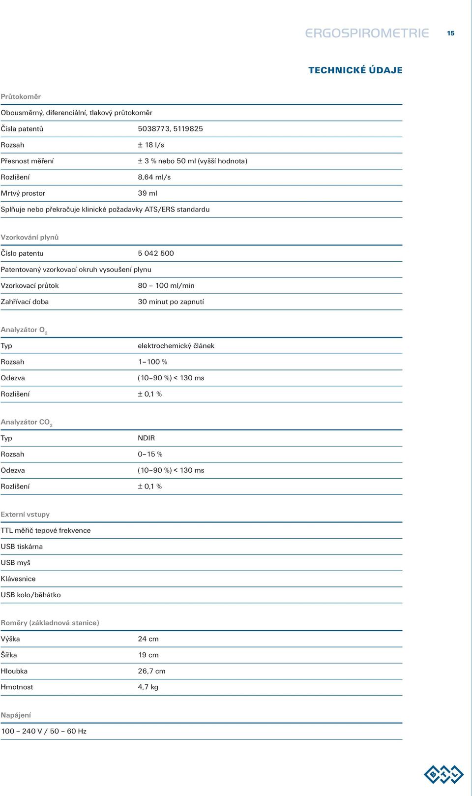 Zahřívací doba 80 100 ml/min 30 minut po zapnutí Analyzátor O 2 elektrochemický článek Rozsah 1 100 % Odezva (10 90 %) < 130 ms Rozlišení ± 0,1 % Analyzátor CO 2 NDIR Rozsah 0 15 % Odezva (10 90 %) <