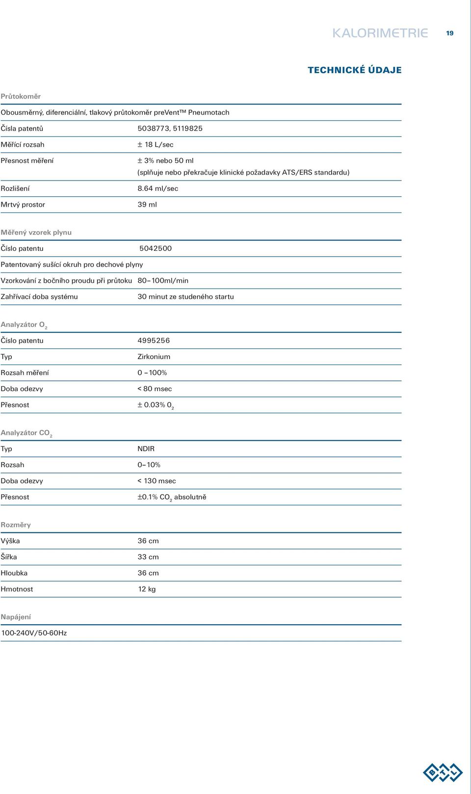 64 ml/sec 39 ml Měřený vzorek plynu Číslo patentu 5042500 Patentovaný sušící okruh pro dechové plyny Vzorkování z bočního proudu při průtoku 80 100ml/min Zahřívací doba systému 30 minut ze