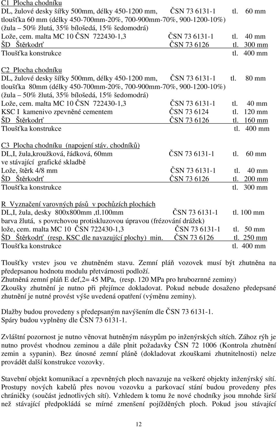 40 mm ŠD Štěrkodrť ČSN 73 6126 tl. 300 mm Tloušťka konstrukce tl. 400 mm C2 Plocha chodníku DL, žulové desky šířky 500mm, délky 450-1200 mm, ČSN 73 6131-1 tl.