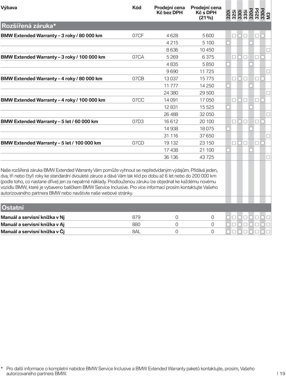 050 BMW Extended Warranty 5 let / 60 000 km 07D3 16 612 20 100 14 938 18 075 31 116 37 650 BMW Extended Warranty 5 let / 100 000 km 07CD 19 132 23 150 17 438 21 100 36 136 43 725 Naše rozšířená