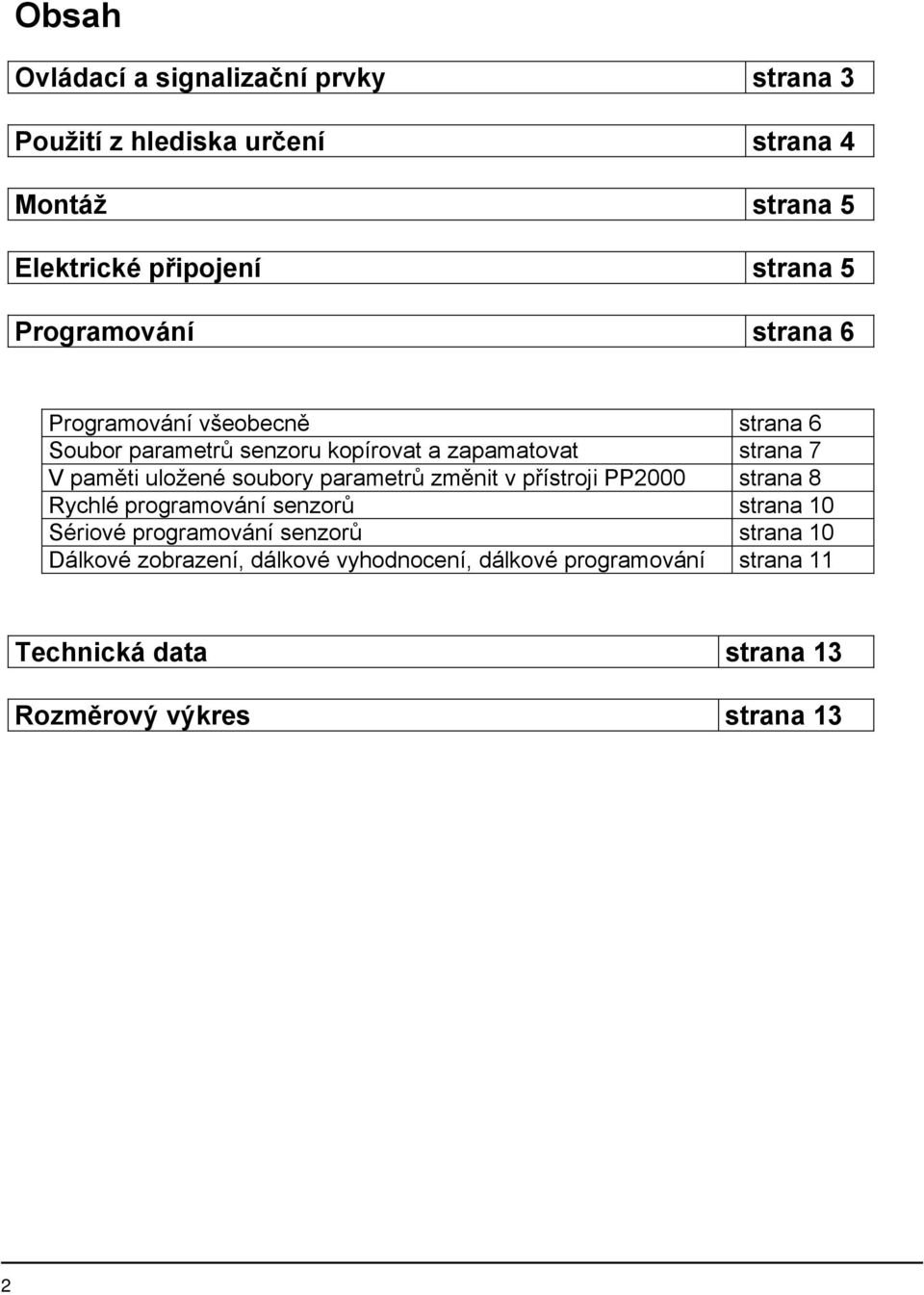 uložené soubory parametrů změnit v přístroji PP000 strana 8 Rychlé programování senzorů strana 10 Sériové programování