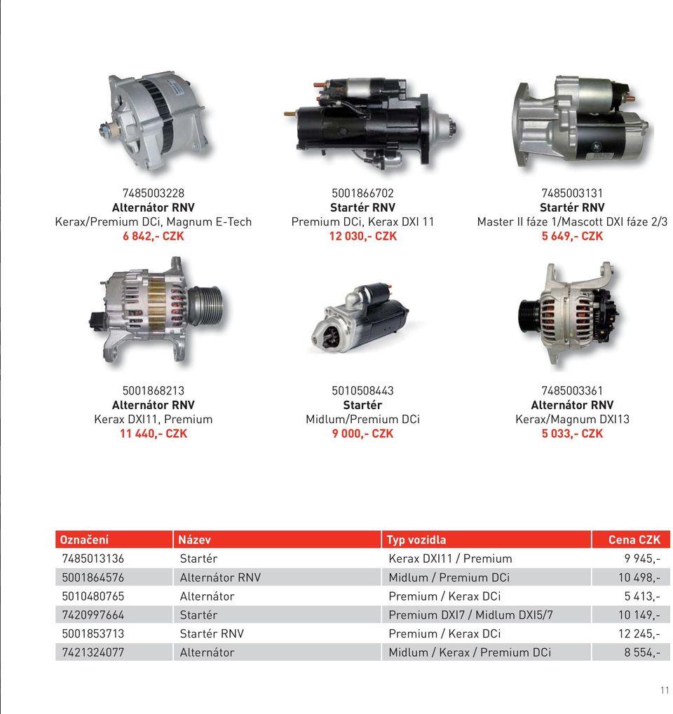 033,- CZK Označení Název Typ vozidla Cena CZK 7485013136 Startér Kerax DXI11 / Premium 9 945,- 5001864576 Alternátor RNV Midlum / Premium DCi 10 498,- 5010480765 Alternátor Premium /