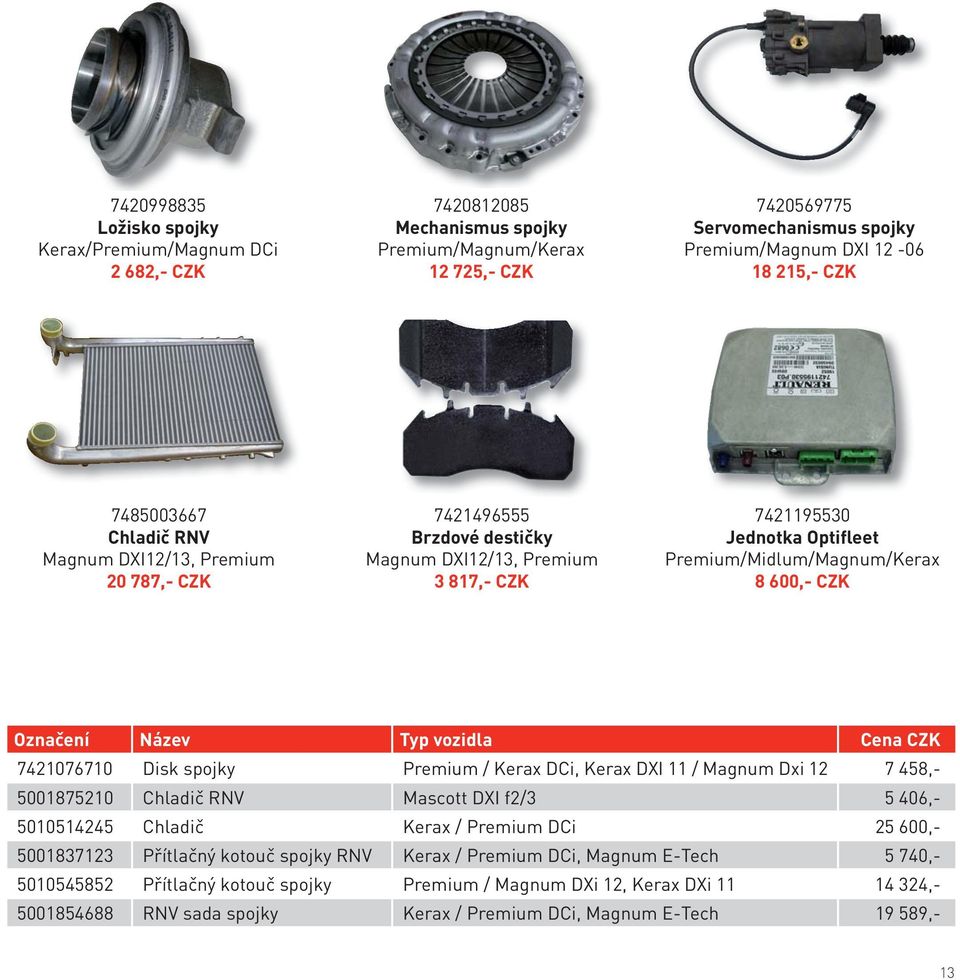 Označení Název Typ vozidla Cena CZK 7421076710 Disk spojky Premium / Kerax DCi, Kerax DXI 11 / Magnum Dxi 12 7 458,- 5001875210 Chladič RNV Mascott DXI f2/3 5 406,- 5010514245 Chladič Kerax / Premium