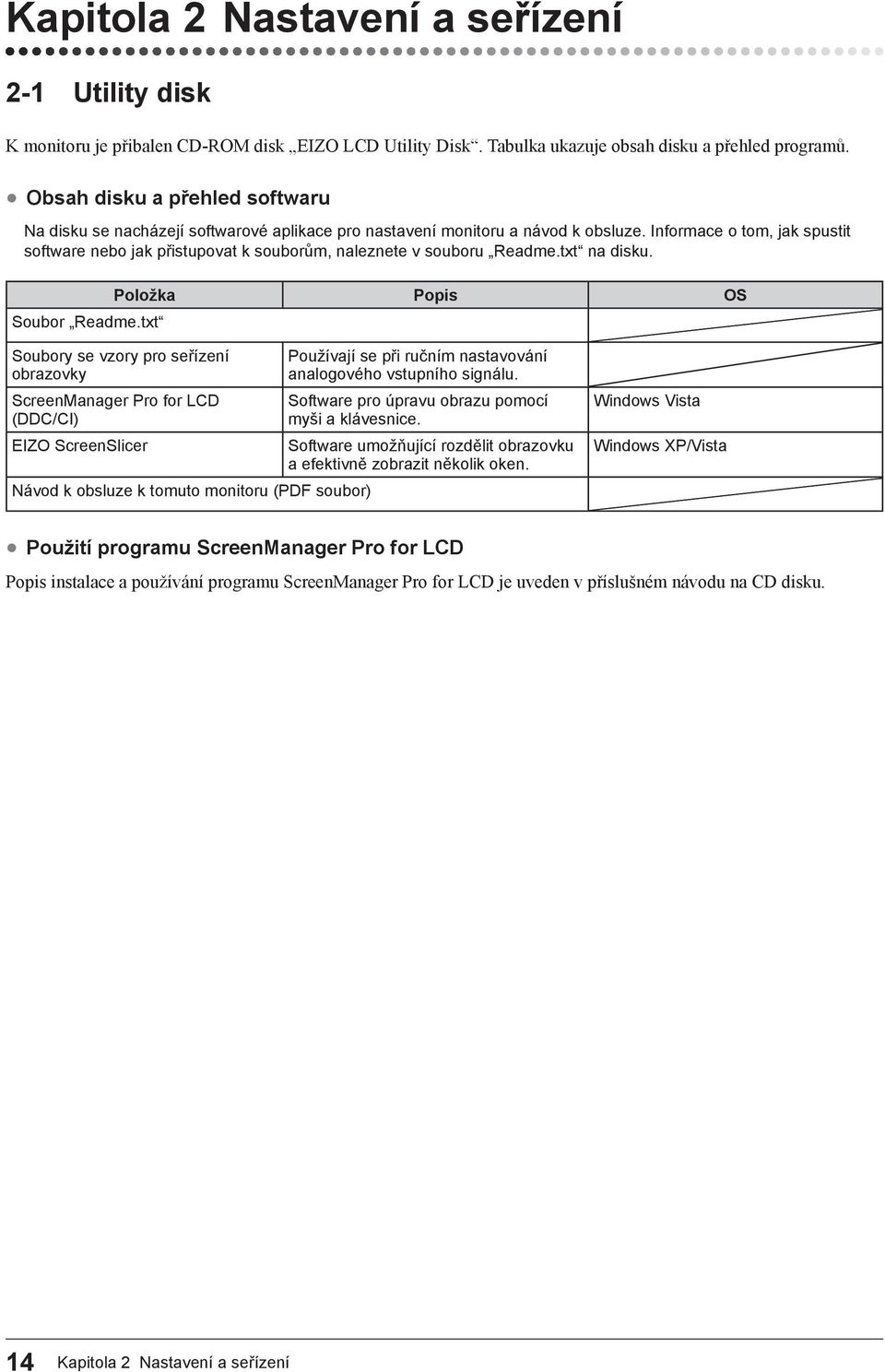 Informace o tom, jak spustit software nebo jak přistupovat k souborům, naleznete v souboru Readme.txt na disku. Položka Popis OS Soubor Readme.