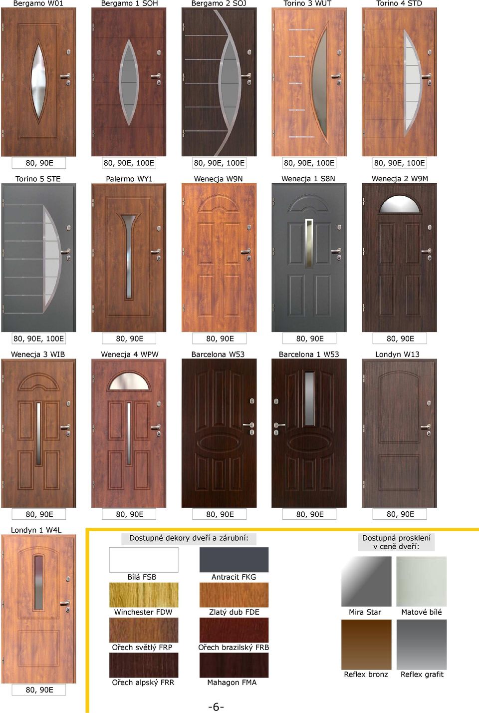 dekory dveří a zárubní: Dostupná prosklení v ceně dveří: Bílá FSB Antracit FKG Winchester FDW Zlatý dub FDE