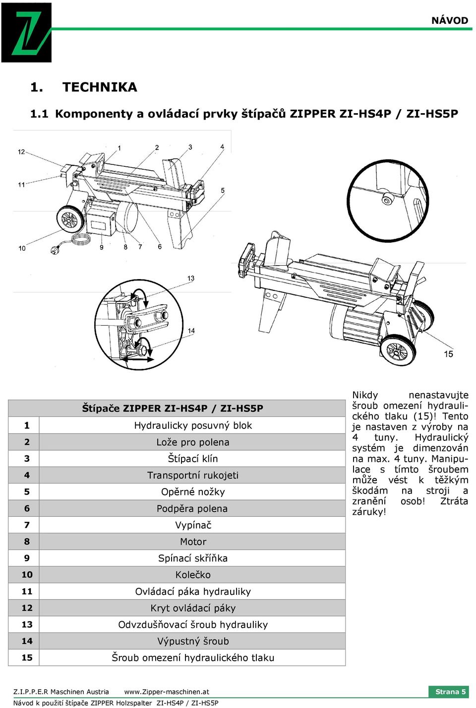 5 Opěrné nožky 6 Podpěra polena 7 Vypínač 8 Motor 9 Spínací skříňka 10 Kolečko 11 Ovládací páka hydrauliky 12 Kryt ovládací páky 13 Odvzdušňovací šroub hydrauliky 14 Výpustný